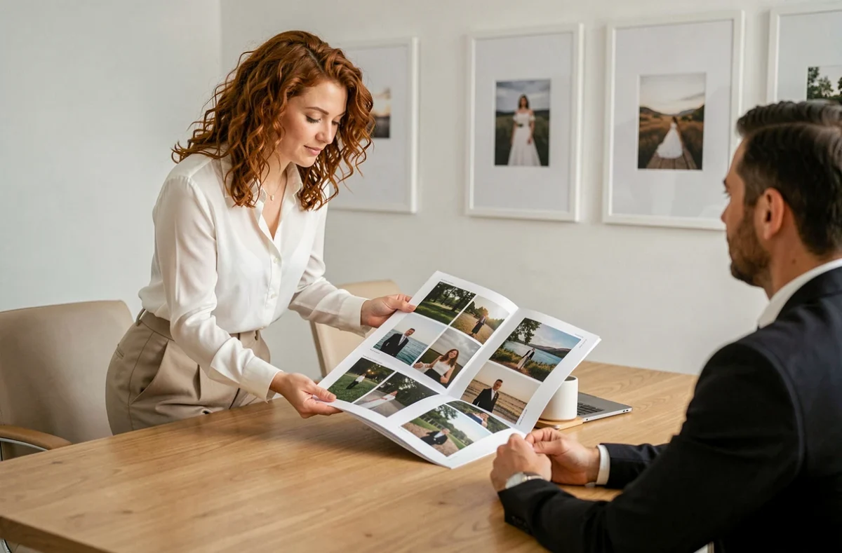Photographe présentant son portfolio à des clients lors d'une consultation à Challans