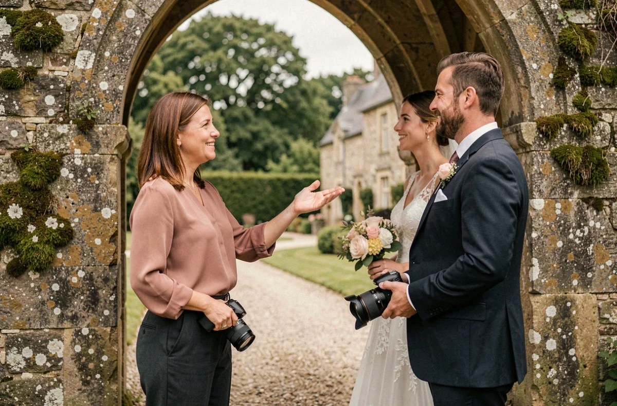 Christelle, photographe de mariage, dirigeant un couple de mariés sous une arche en pierre d'un domaine picard