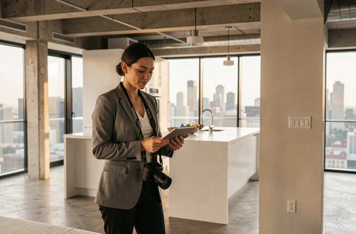 Photographe immobilière féminine analysant la composition dans un appartement de luxe avec vue panoramique sur la ville