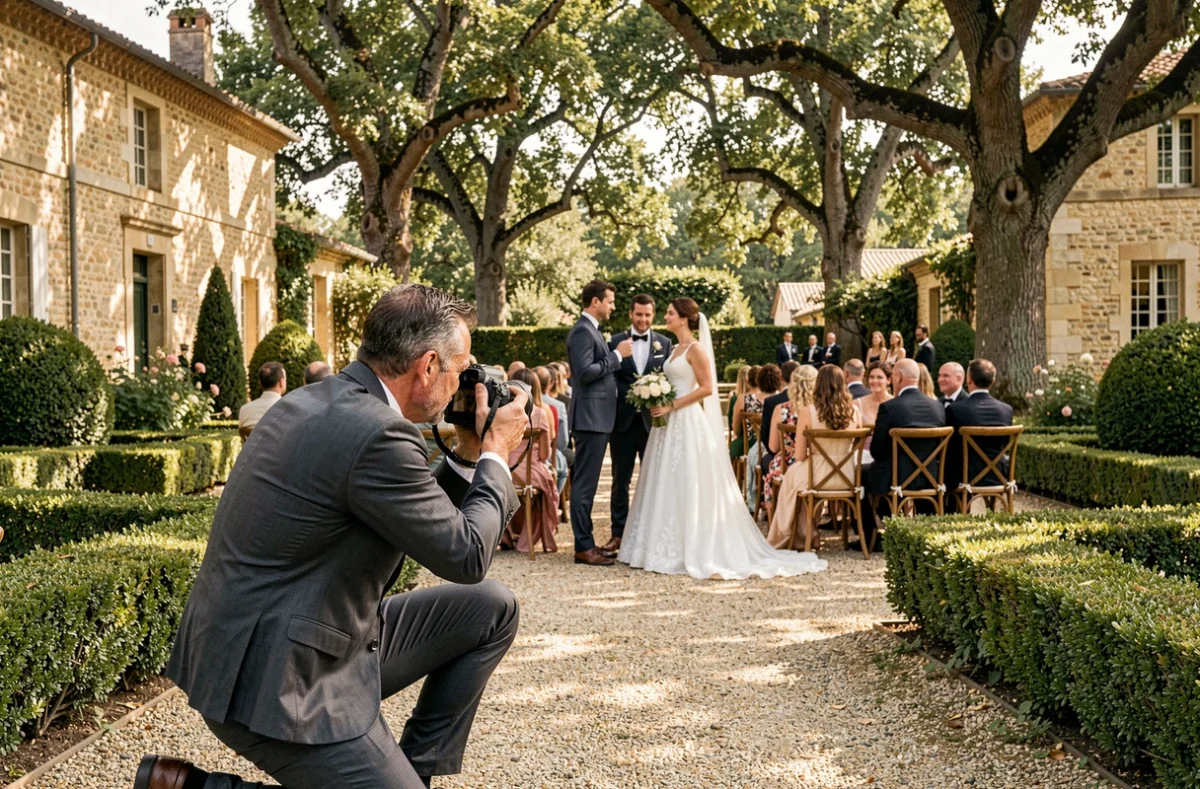 Photographe de mariage en action lors d'une cérémonie en plein air à Châteauneuf-sur-Loire