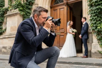 Photographe de mariage professionnel en action devant une église en pierre à Paris, capturant un couple en Île-de-France