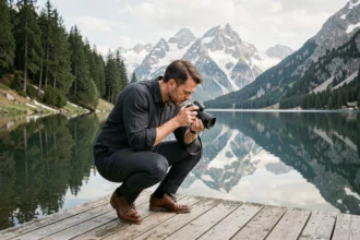 Photographe de mariage professionnel en Haute-Savoie au bord d'un lac alpin, révisant ses clichés sur son appareil photo