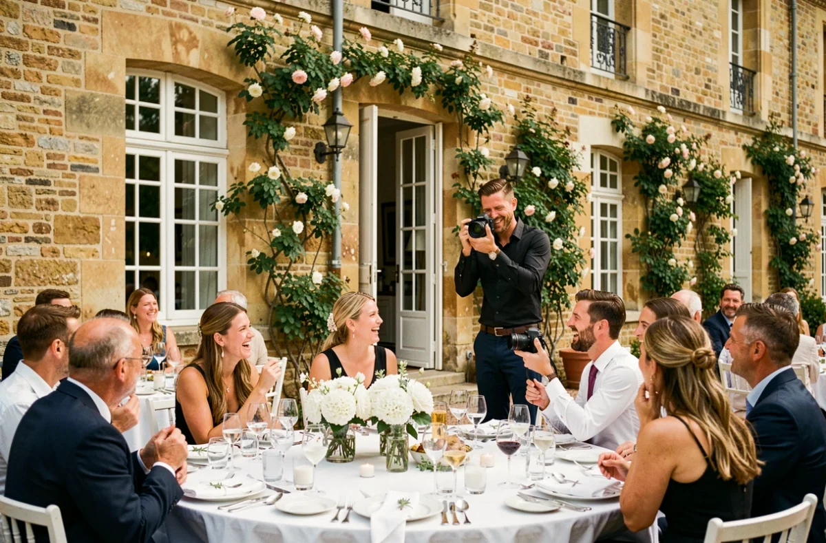 Photographe de mariage capturant des moments authentiques lors d'une réception dans un château en Île-de-France