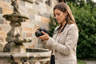 Photographe professionnelle consultant son appareil photo devant une architecture en pierre à Lons-le-Saunier