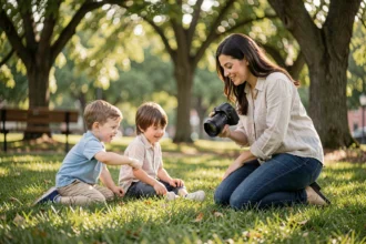 Photographe professionnelle en extérieur photographiant des enfants jouant dans un parc verdoyant lors d'une séance photo familiale