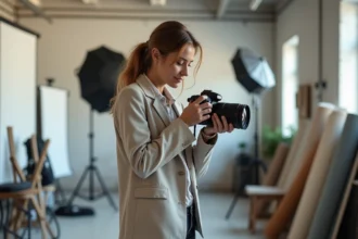 Photographe professionnelle femme consultant son appareil photo dans un studio à Lagny-sur-Marne