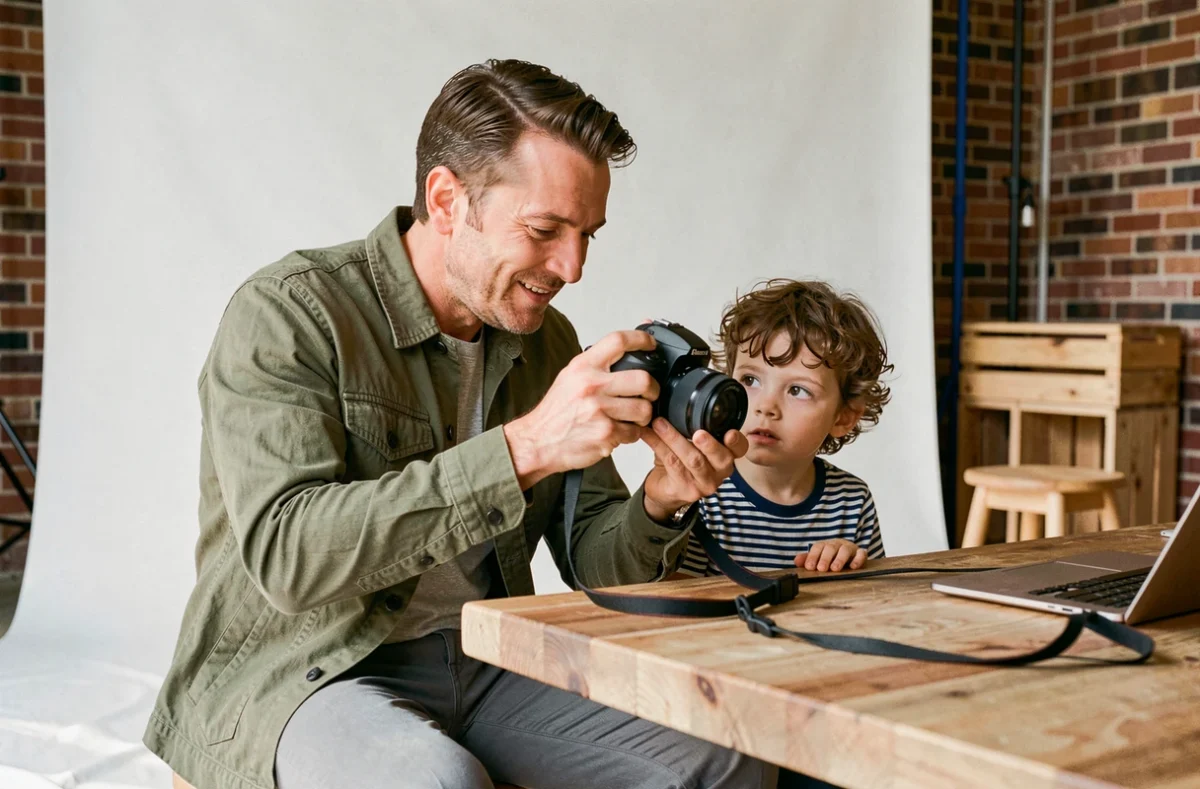 Photographe montrant les photos prises à un enfant en studio lors d'une séance photo professionnelle pour enfants