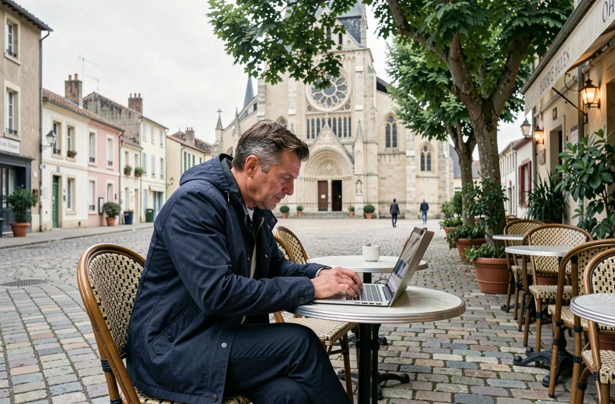 Photographe professionnel révisant ses clichés en terrasse au centre-ville de Châteauneuf-sur-Loire