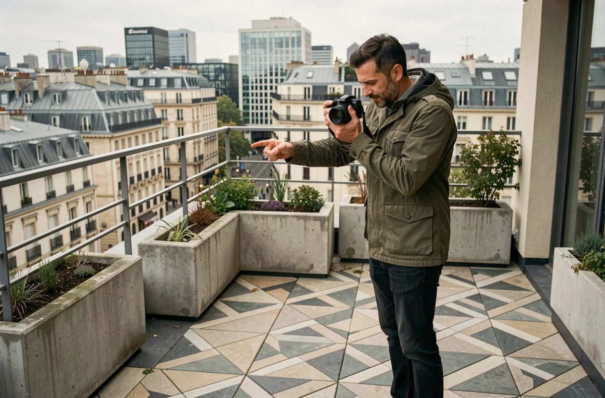 Photographe sur une terrasse de toit en béton photographiant l'architecture urbaine depuis les hauteurs avec la skyline parisienne en arrière-plan