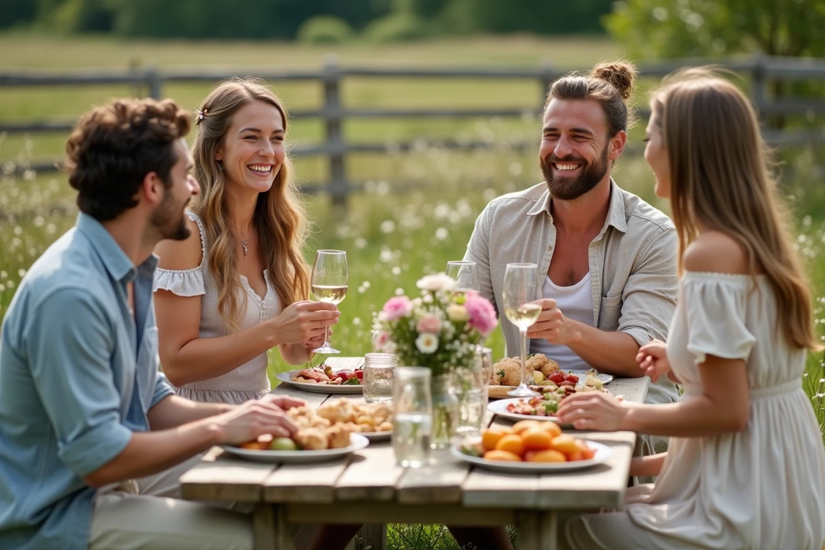 Pique-nique de mariage en plein air avec jeunes souriants