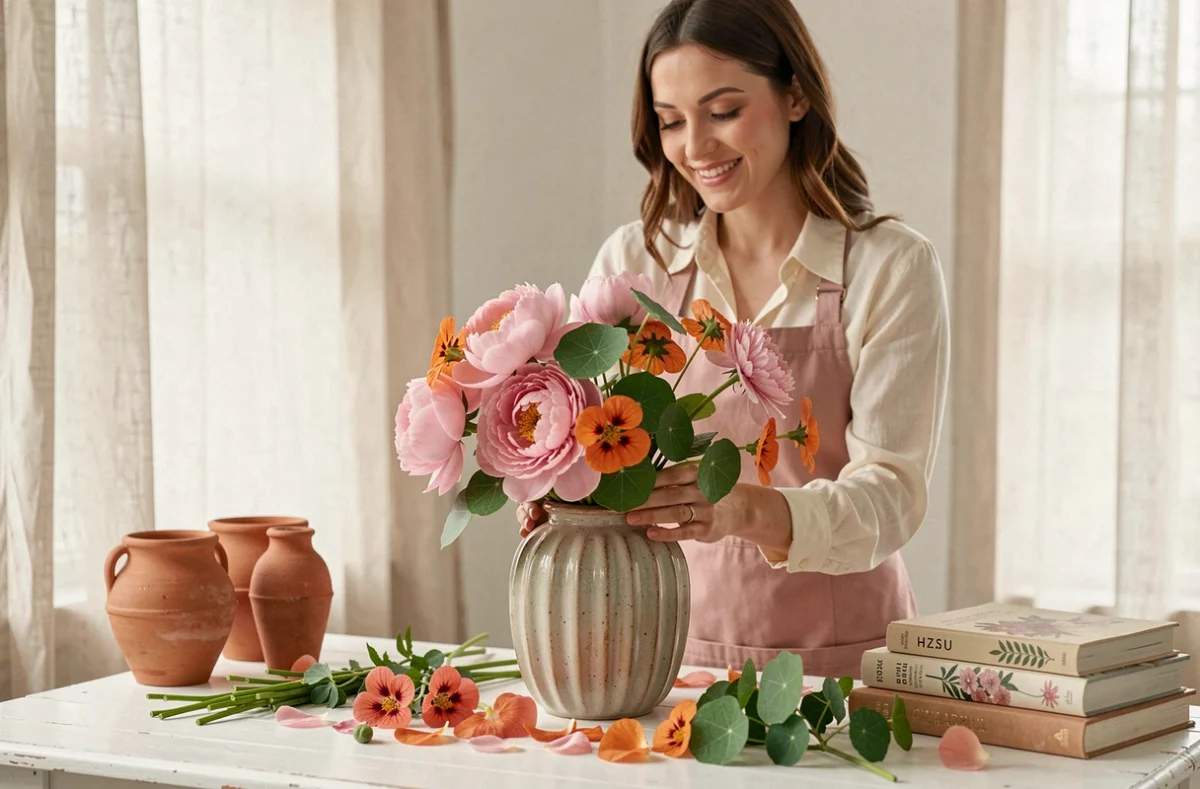 Fleuriste de Pivoine et Capucine plaçant un centre de table de mariage en pivoines et capucines dans un vase en céramique