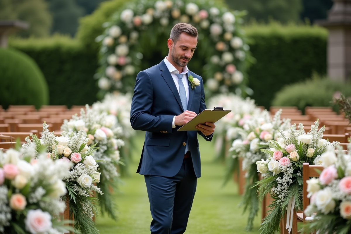Homme planificateur vérifiant décor floral en extérieur