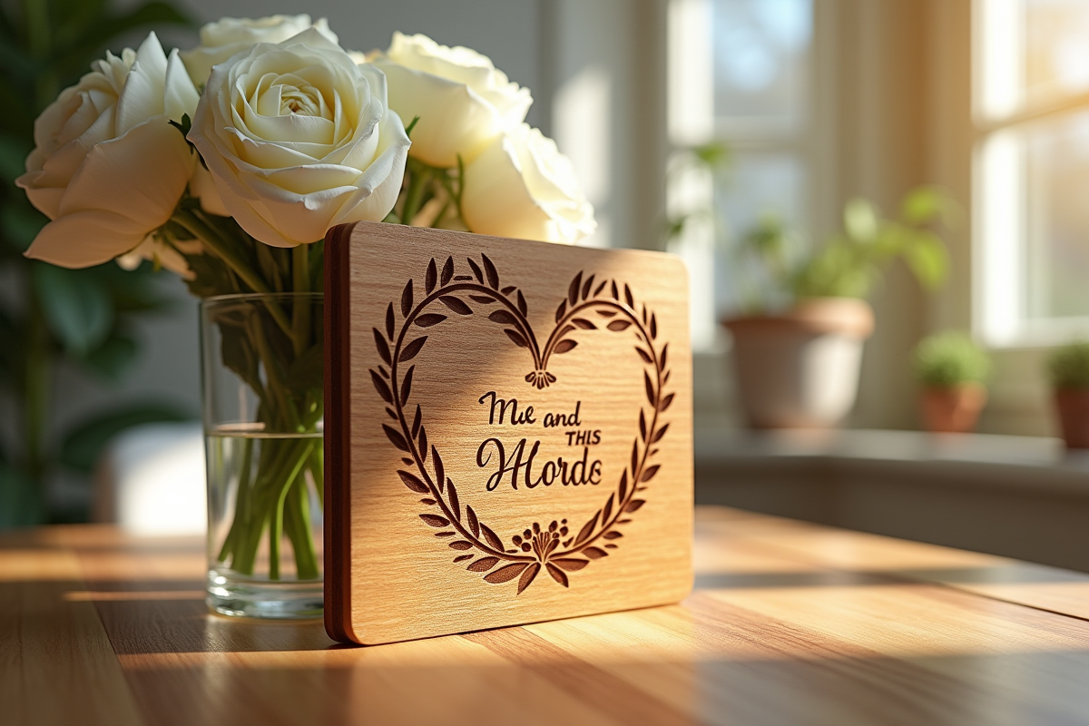 Plaque en bois gravée pour anniversaire avec fleurs blanches