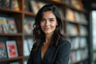 Portrait professionnel d'une femme journaliste dans un bureau éditorial moderne, reflétant ambition et carrière médiatique
