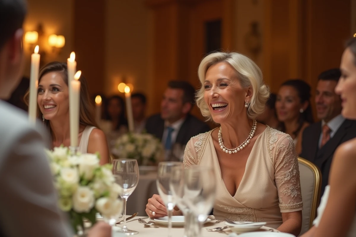 Présentatrice télévision lors d'un dîner de réception de mariage dans une salle de fête élégante