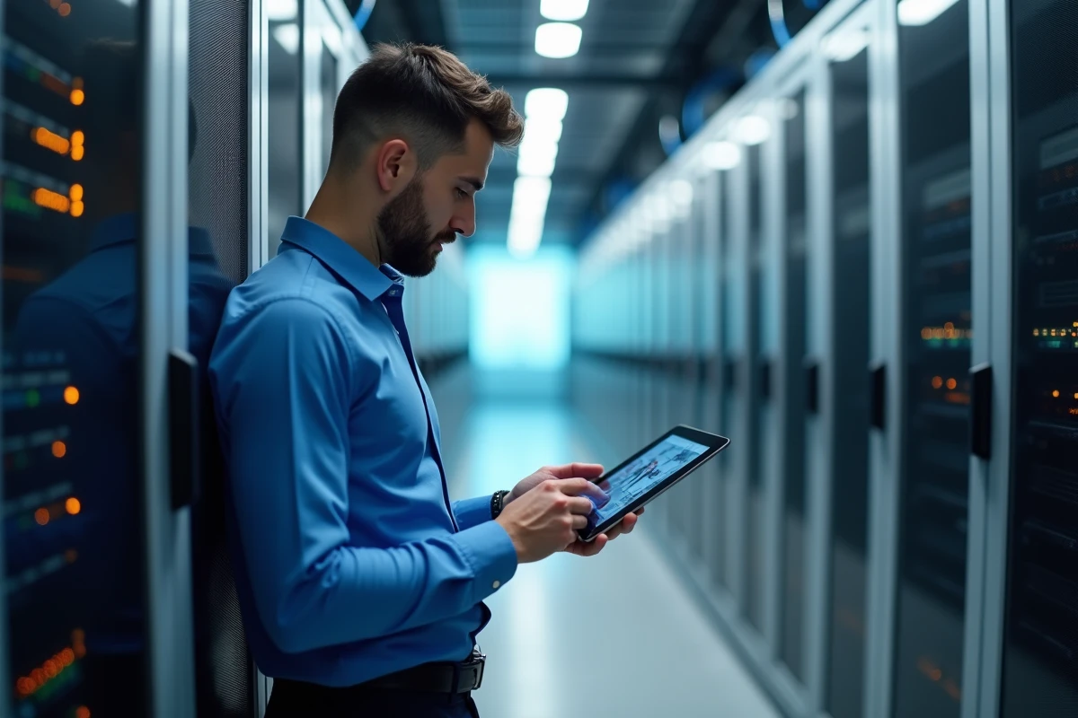 Homme professionnel informatique dans une salle serveurs