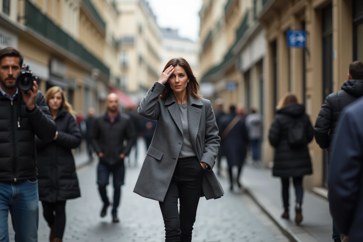 Femme se protégeant de l'objectif d'un photographe dans une rue parisienne, symbolisant la protection de la vie privée face aux médias