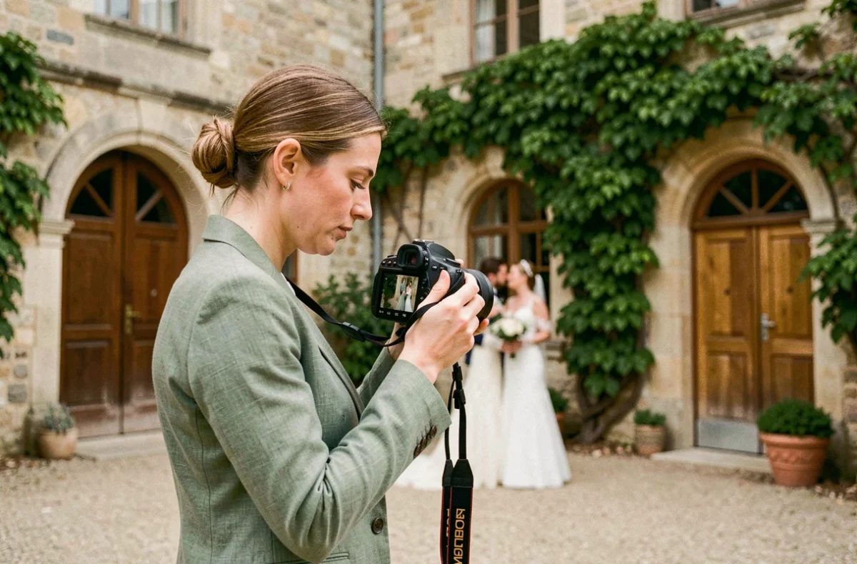 Raphaëlle Fava, photographe de mariage, révisant ses clichés devant un château en pierre de Picardie