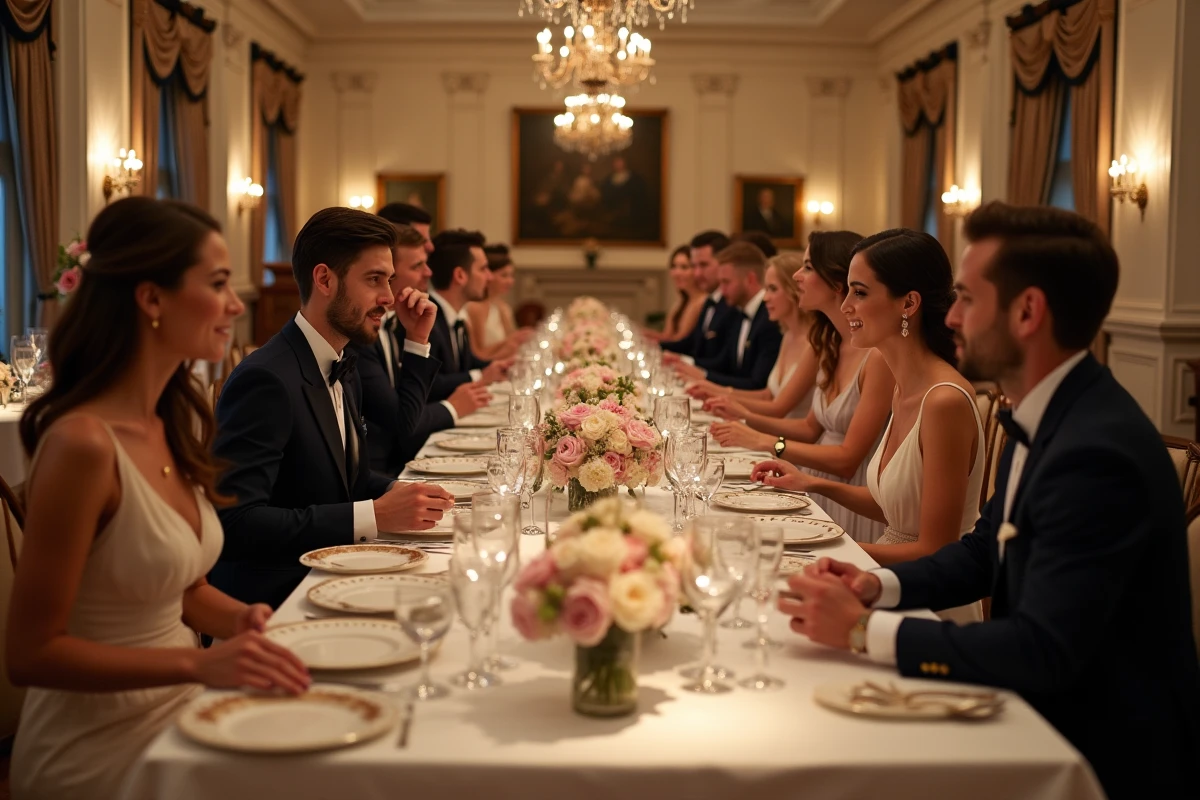 Scène de réception de mariage élégante avec invités en costumes