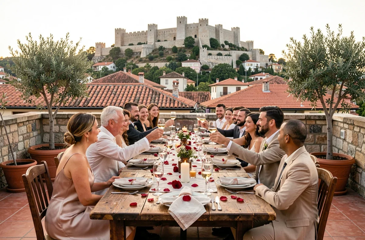 Réception de mariage sur une terrasse avec vue sur le château de Gjirokastër en Albanie