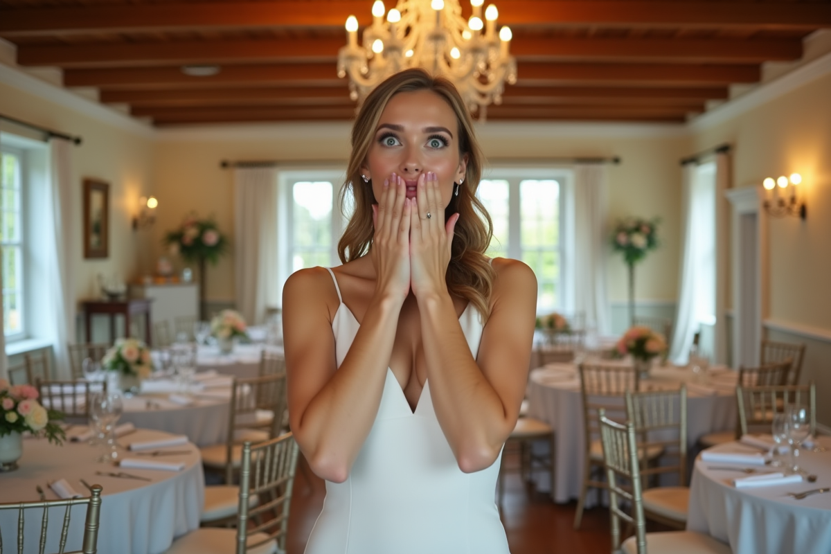 Mariée surprise découvrant la salle de réception décorée
