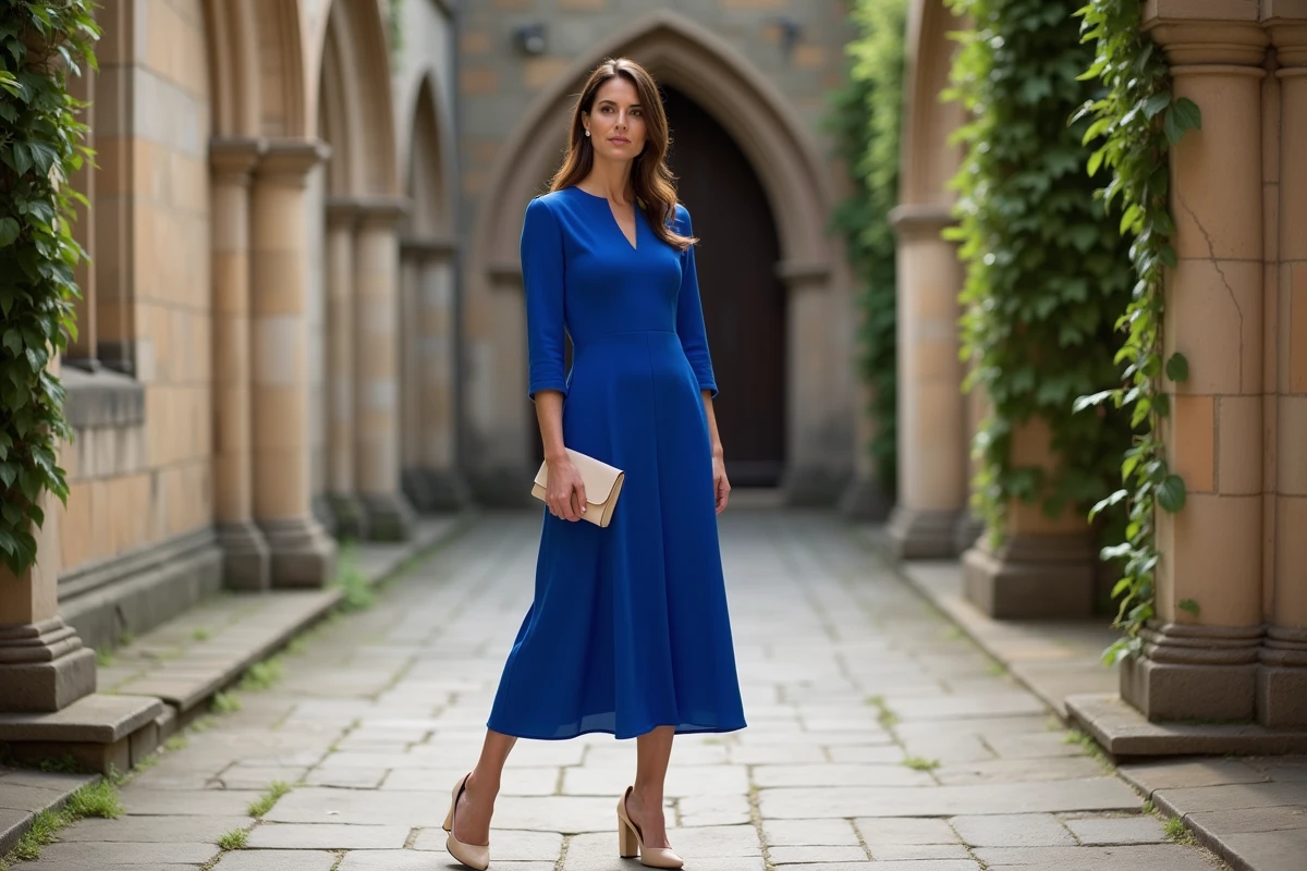 Femme en robe bleue cobalt structurée avec escarpins nude et pochette ivoire dans une cour d'église en pierre
