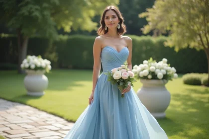 Femme portant une robe bleue midi en mousseline lors d'un mariage en extérieur, avec des roses ivoire et blush en accessoire