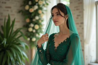 Mariée en robe verte élégante ajuste son voile dans une salle de mariage