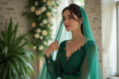 Mariée en robe verte élégante ajuste son voile dans une salle de mariage