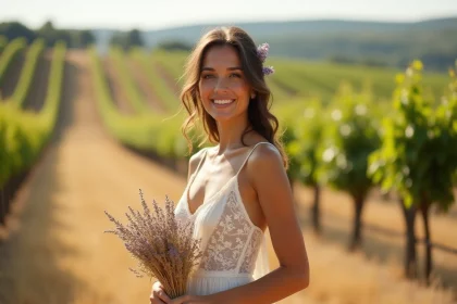 Femme en robe fourreau ivoire avec dentelle dans un vignoble champêtre pour un mariage en plein air