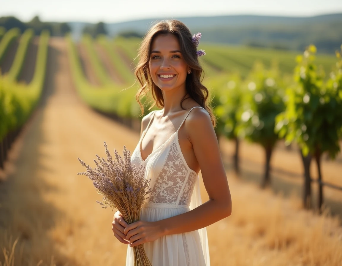 Femme en robe fourreau ivoire avec dentelle dans un vignoble champêtre pour un mariage en plein air
