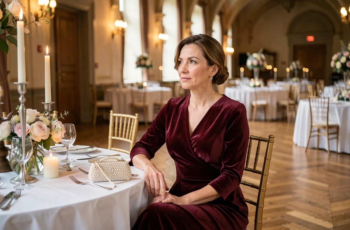 Femme en robe bordeaux habillée assise à une table de réception de mariage dans un château