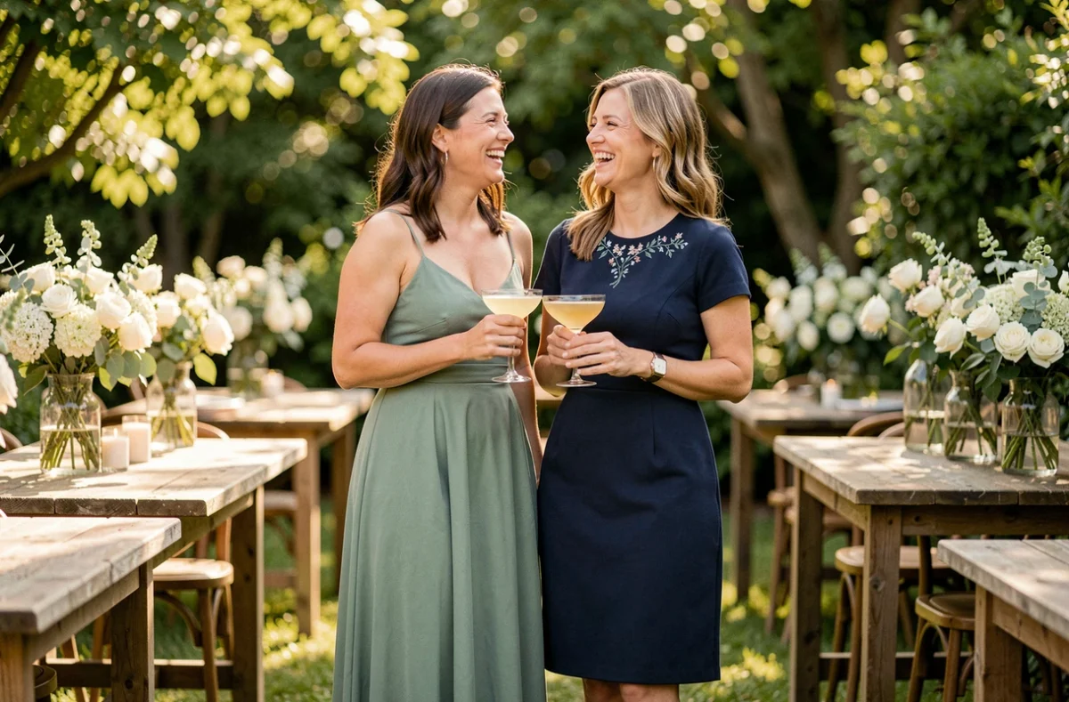 Deux invitées de mariage en robes élégantes dans un jardin fleuri lors d'un cocktail