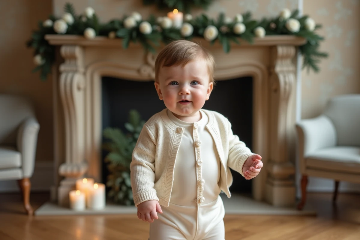 Bébé garçon en combinaison satin blanc et cardigan ivoire pour un mariage d'hiver, debout contre une cheminée en pierre décorée de branches de pin et de roses blanches