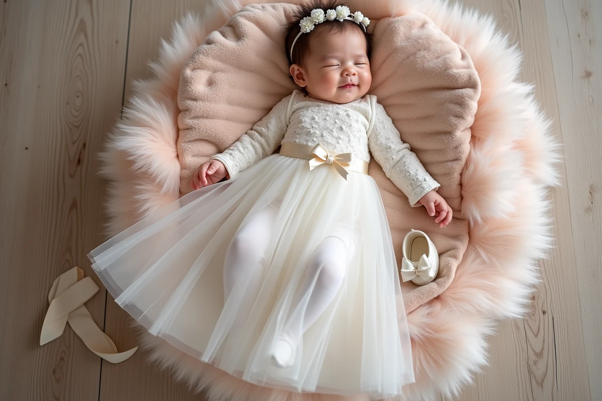 Robe de mariage bébé d'hiver en tulle et chiffon à manches longues, présentée en flat lay avec accessoires mariage hivernaux incluant couronne florale et chaussures en satin ivoire