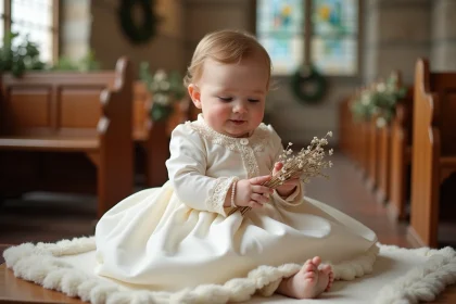 Bébé fille en robe de mariage d'hiver en velours ivoire avec col en dentelle, assise sur un banc en bois dans une église décorée pour un mariage hivernal
