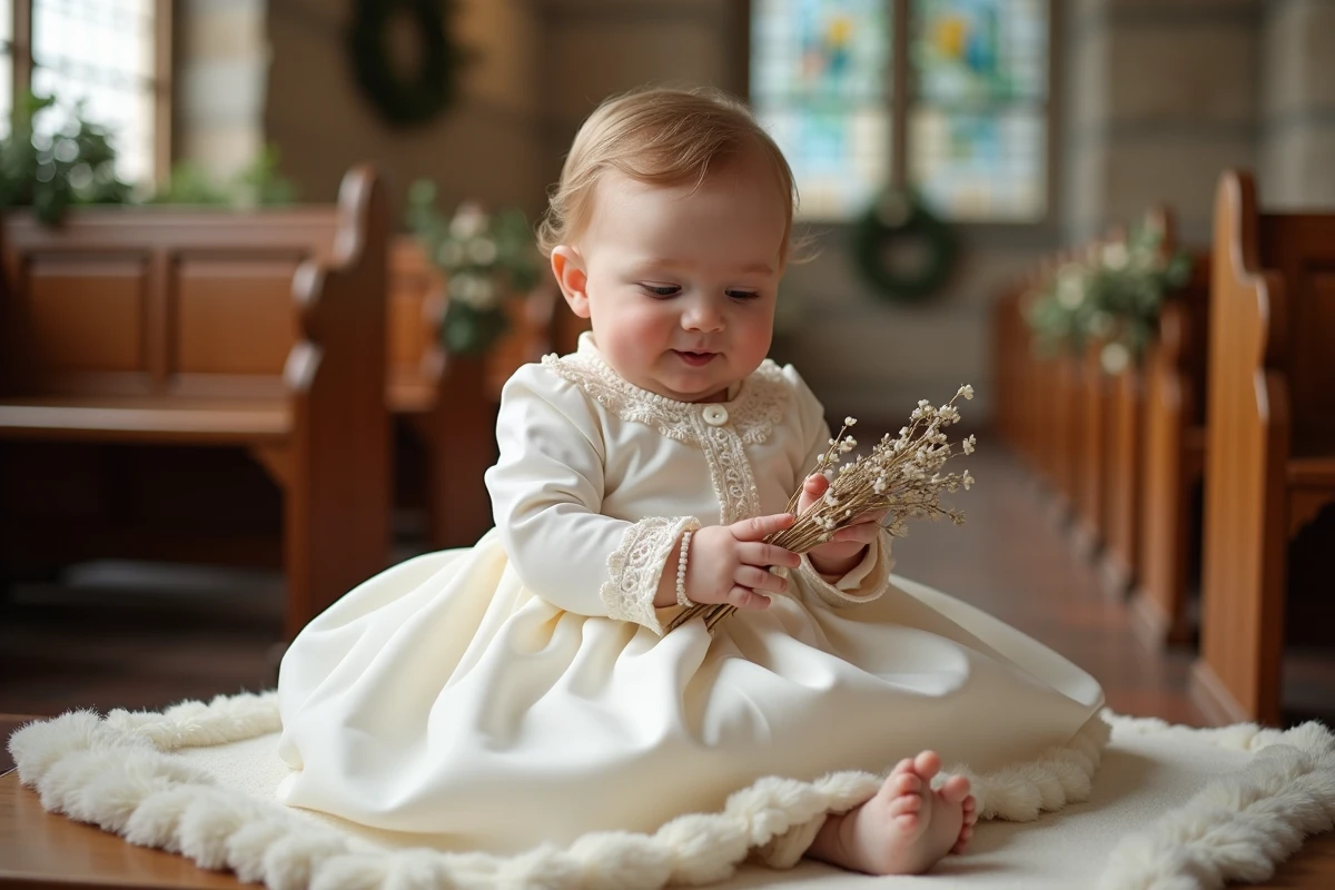 Bébé fille en robe de mariage d'hiver en velours ivoire avec col en dentelle, assise sur un banc en bois dans une église décorée pour un mariage hivernal