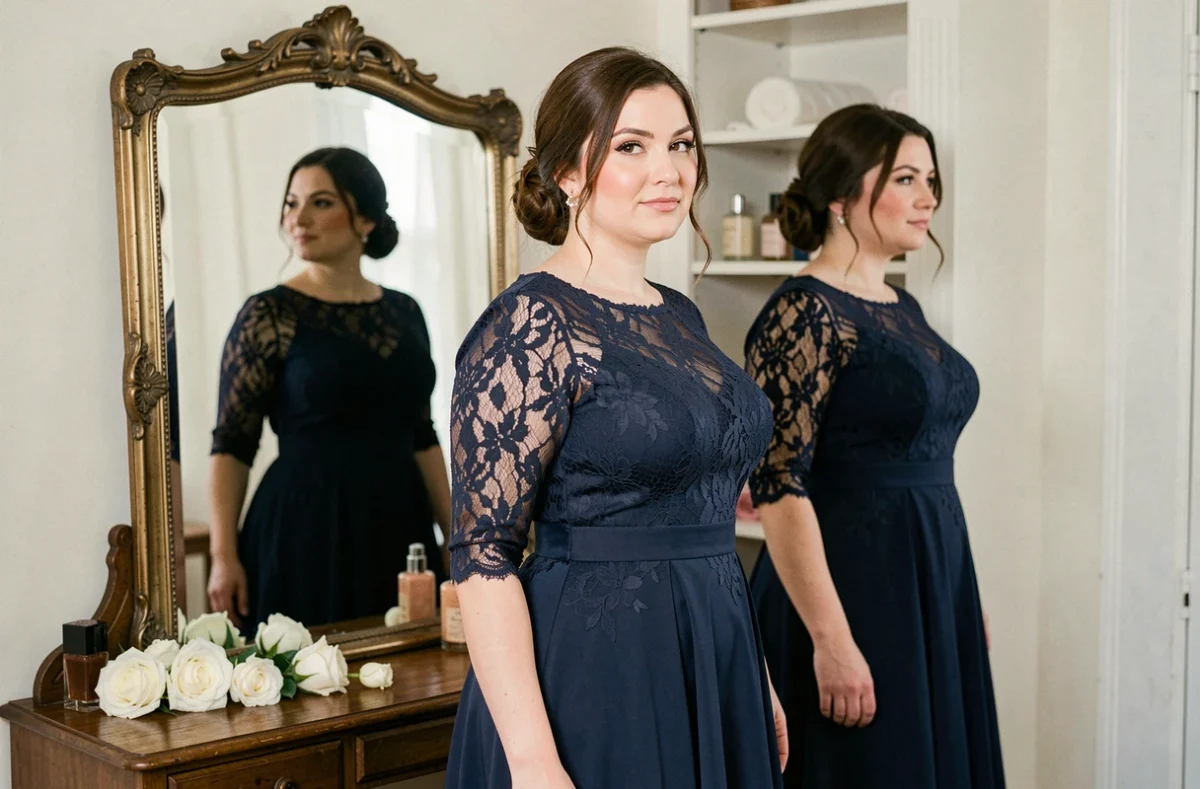 Femme grande taille en robe de mariée bleue marine dentelle ASOS se regardant dans un miroir vintage lors d'un essayage pour mariage civil