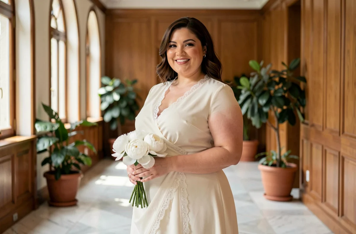 Femme grande taille souriante en robe de mariée ivoire mi-longue ASOS dans un couloir de mairie élégant pour mariage civil