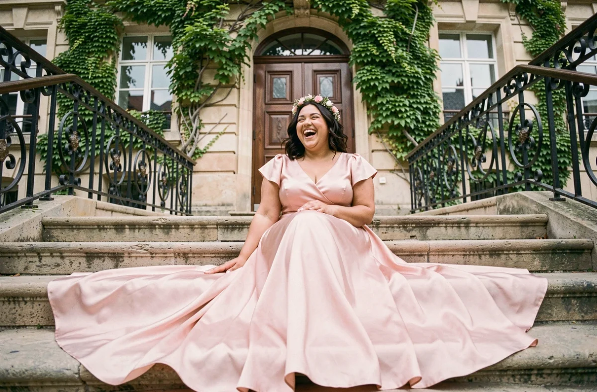 Femme ronde en robe de mariée rose satin ASOS assise sur les marches d'une mairie française pour un mariage civil en grande taille