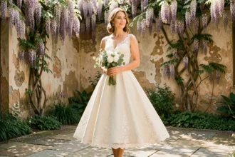 Femme en robe de mariée courte ivoire en dentelle dans un jardin fleuri pour un deuxième mariage élégant