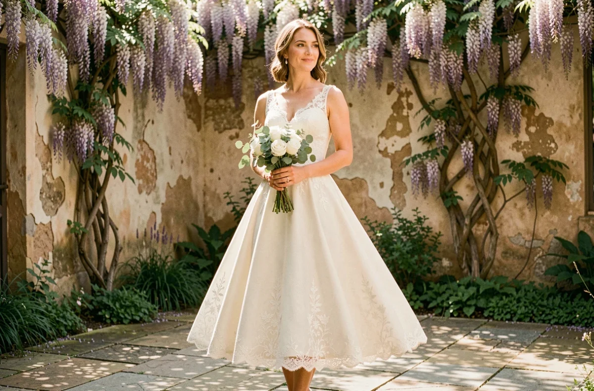 Femme en robe de mariée courte ivoire en dentelle dans un jardin fleuri pour un deuxième mariage élégant