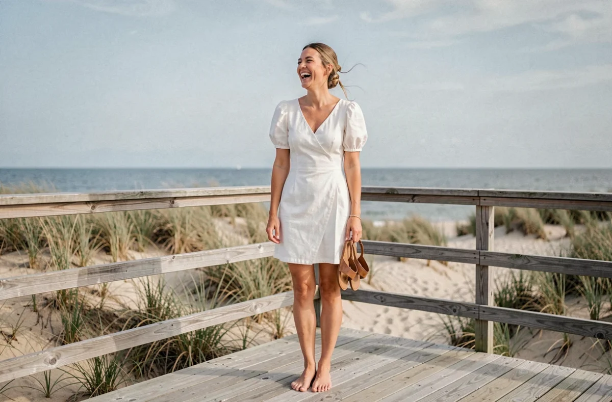 Mariée décontractée en robe courte lin blanc sur une terrasse en bois face à la mer pour un mariage en secondes noces