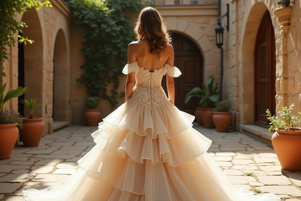 Mariée gitane en robe de mariage à volants et corset brodé, debout dans une cour en pierre avec végétation grimpante, silhouette complète valorisant la morphologie