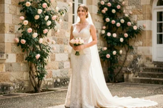Femme portant une robe de mariée ivoire en dentelle avec silhouette ajustée dans une cour de château français