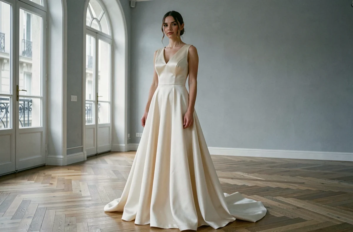 Robe de mariée ivoire en satin coupe A-line dans un atelier parisien, adaptée à la morphologie en poire