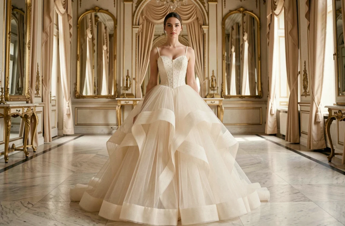 Robe de mariée ivoire en tulle volumineuse à jupon en boule dans un salon haussmannien doré