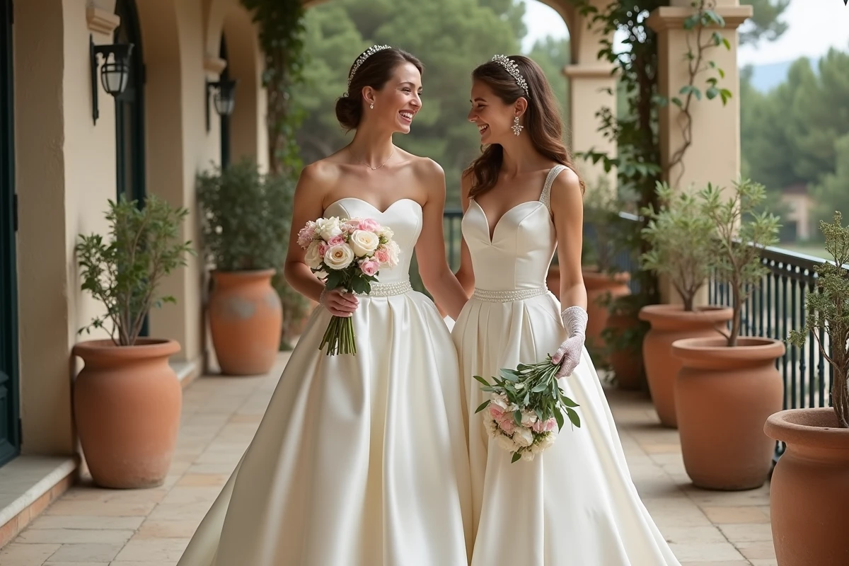 Deux mariées comparant une robe années 50 en satin et une robe années 60 en soie sur une terrasse de villa provençale, style bohème vintage