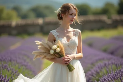 Femme en robe de mariée années 50 en dentelle avec jupe longueur thé dans un champ de lavande, style bohème rétro