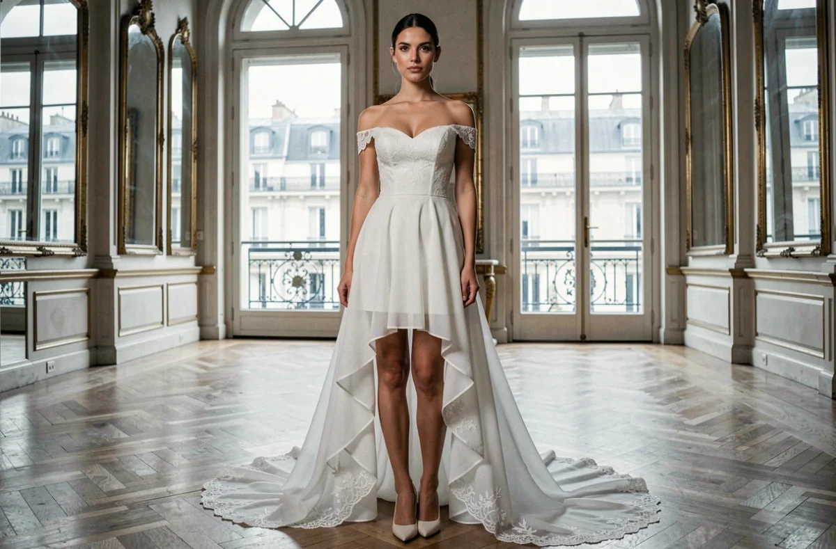 Femme en robe de mariée asymétrique courte devant longue derrière dans une salle de réception parisienne aux parquets et miroirs dorés